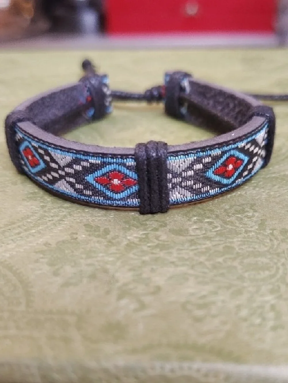 Braided PU Vegan Leather Bracelet with Blue and Red Woven Pattern